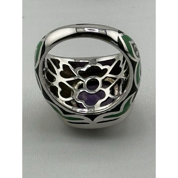 Sterling 925 Ring w/ Enamel and Faceted Purple and Pink Stones Size 6 - Picture 6 of 8